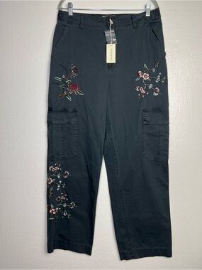 Sundance Botanical Cargo Jogger Pants Floral Embroidered grey Size 12 NWT